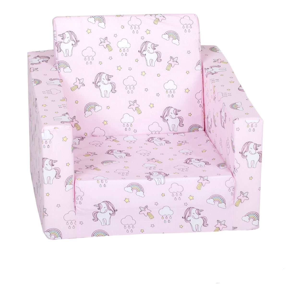 DELSIT Toddler Chair & Kids Sofa - Flip Open Single Sofa - Uni & Rainbows Pink