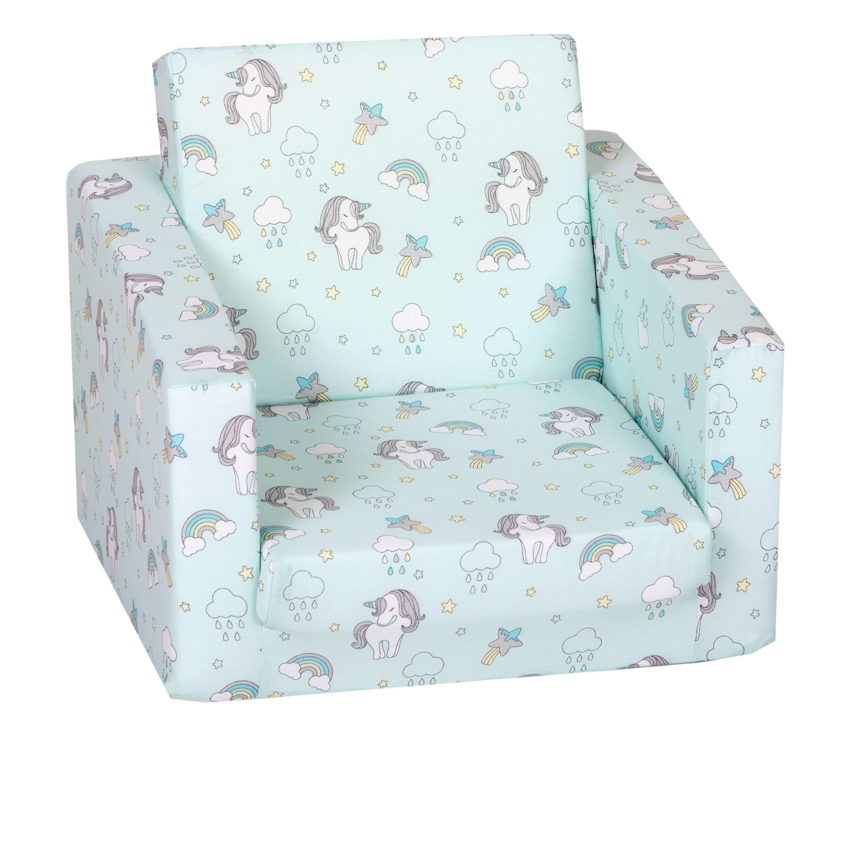DELSIT Toddler Chair & Kids Sofa - Flip Open Single Sofa - Uni & Rainbows Mint