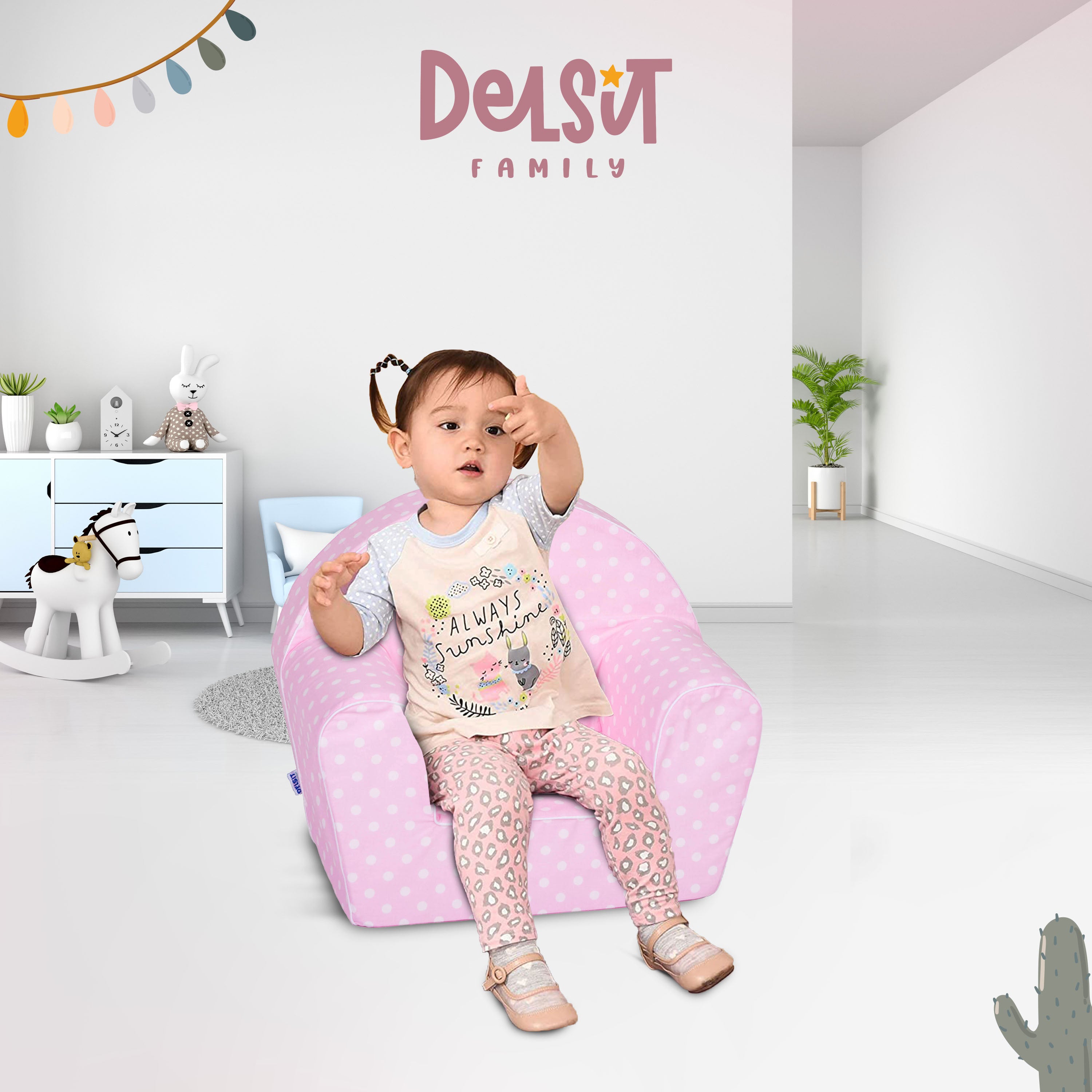 DELSIT Toddler Chair & Kids Armchair - Baby Pink With Dots