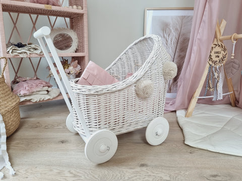 WIKLIBOX Rattan Baby Doll Stroller - White With Glitter - White Poms & Pink Bed
