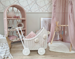 WIKLIBOX Rattan Baby Doll Stroller - White With Glitter - White Poms & Pink Bed