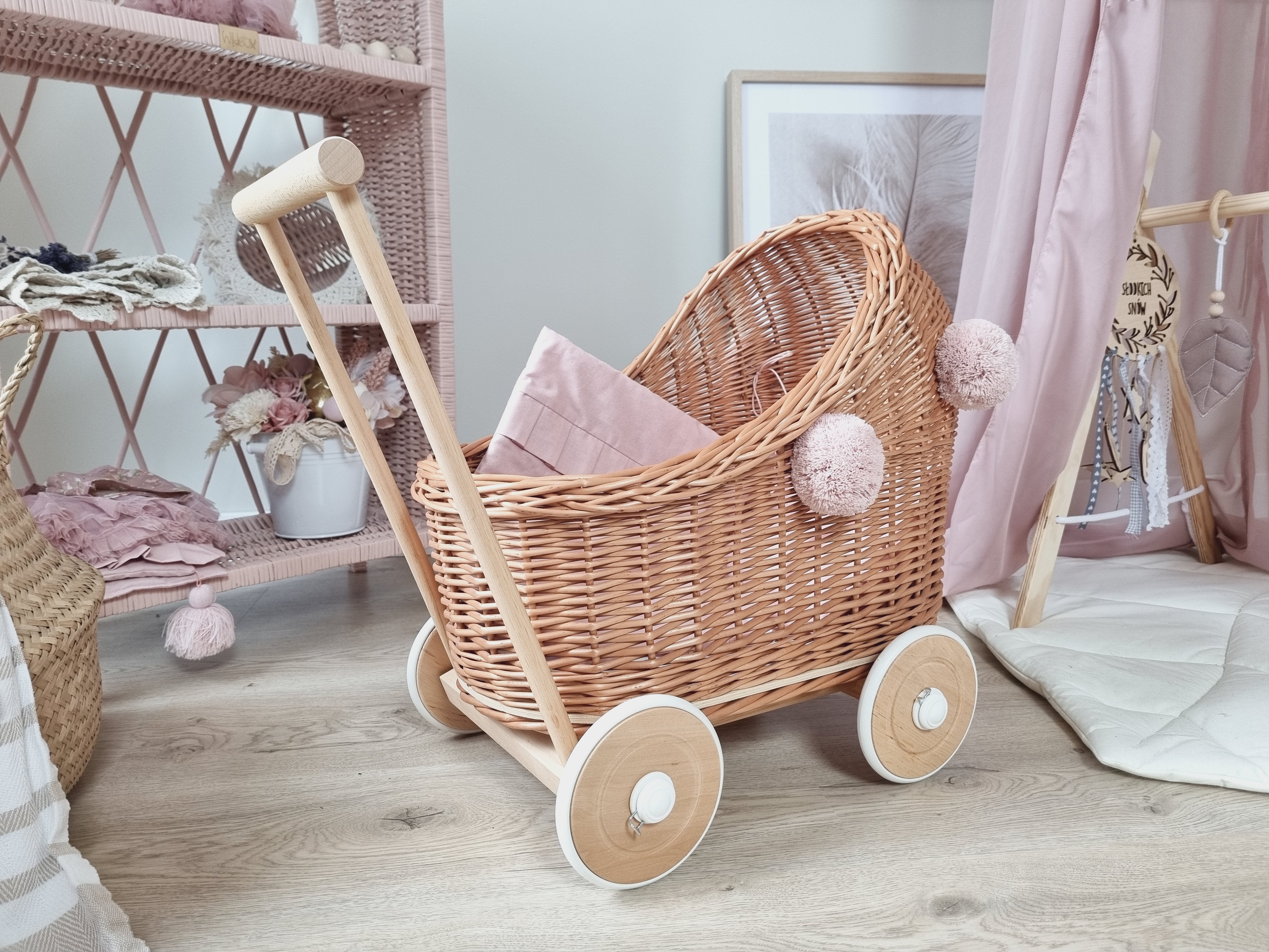 WIKLIBOX Rattan Baby Doll Stroller - Natural With Pink Poms & Bedding