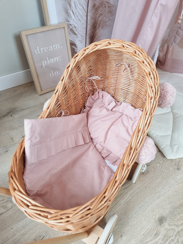 WIKLIBOX Rattan Baby Doll Stroller - Natural With Pink Poms & Bedding