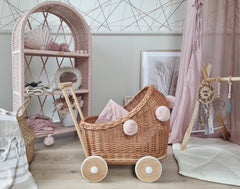 WIKLIBOX Rattan Baby Doll Stroller - Natural With Pink Poms & Bedding