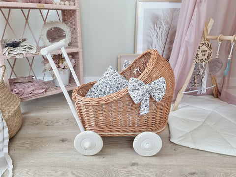 WIKLIBOX Rattan Baby Doll Stroller - Natural With Flower Bows & Bedding