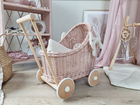 WIKLIBOX Rattan Baby Doll Stroller - Pink With Glitter - White Bows & Bedding