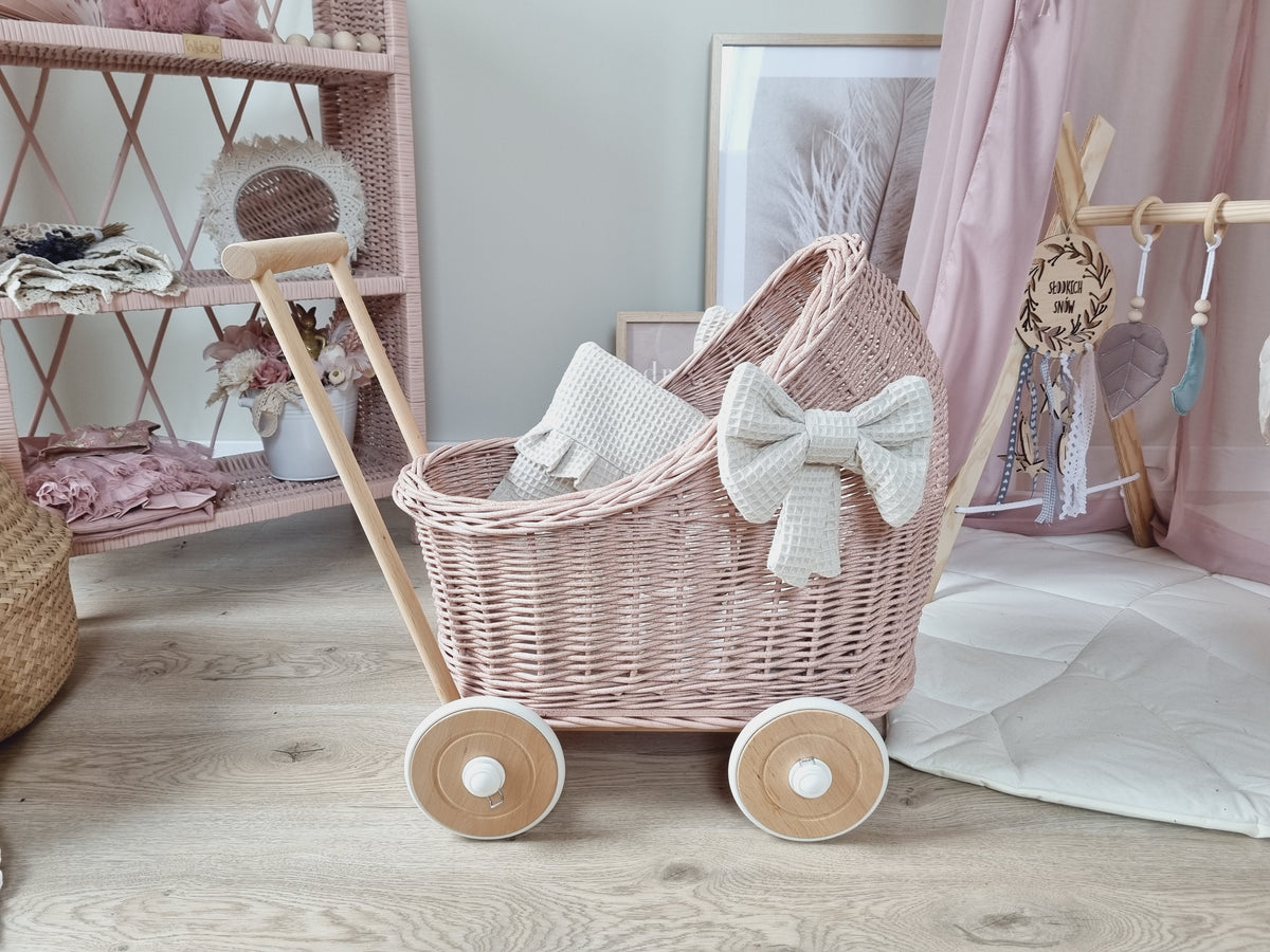 WIKLIBOX Rattan Baby Doll Stroller - Pink With Glitter - White Bows & Bedding