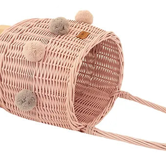WIKLIBOX Rattan Pully Toy Basket - Pink Color - Wicker Luggy Toy Storage