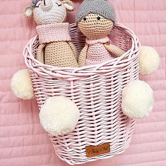 WIKLIBOX Rattan Wall Hanging Basket - Pink With Ivory-Beige Pompoms