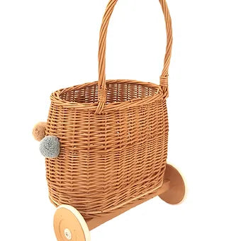 WIKLIBOX Rattan Pully Toy Basket - Natural Color - Wicker Luggy Toy Storage