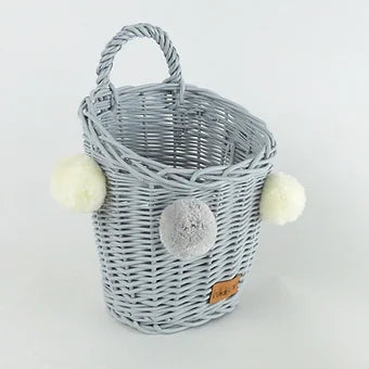 WIKLIBOX Rattan Wall Hanging Basket - Gray With Ivory-Blue Pompoms
