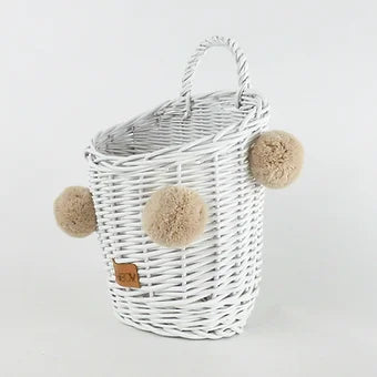 WIKLIBOX Rattan Wall Hanging Basket - White With Beige Pompoms