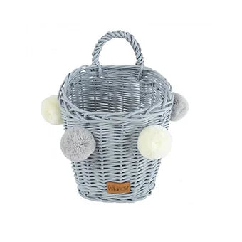 WIKLIBOX Rattan Wall Hanging Basket - Gray With Ivory-Blue Pompoms
