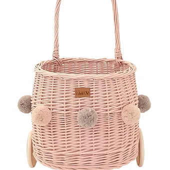 WIKLIBOX Rattan Pully Toy Basket - Pink Color - Wicker Luggy Toy Storage