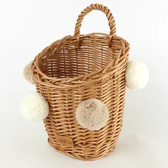 WIKLIBOX Rattan Wall Hanging Basket - Natural Wicker With Ivory-Beige Pompoms